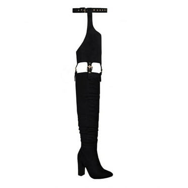 DETOGNI Women's Boots Block Heels ​Thigh, High Heel Thick Pointy Toe, Black, 10