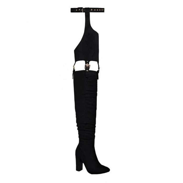 DETOGNI Women s Fashion Over The Knee Belted Pointed Toe Long Boots Sexy Buckle Strap Side Zipper Block Heels Thigh High Boots Walmart
