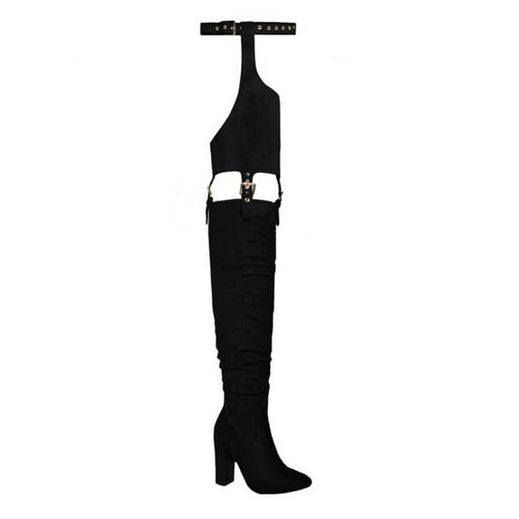 DETOGNI Women's Fashion Over The Knee Belted Pointed Toe Long Boots Sexy Buckle Strap Side Zipper Block Heels Thigh High Boots