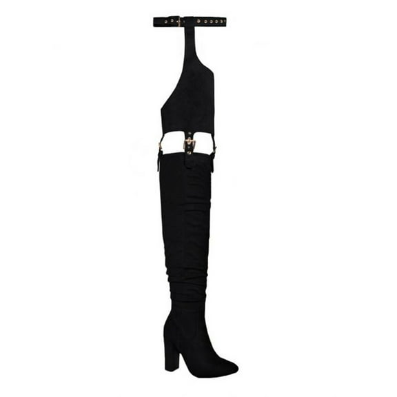 DETOGNI Women's Fashion Over The Knee Belted Pointed Toe Long Boots Sexy Buckle Strap Side Zipper Block Heels Thigh High Boots