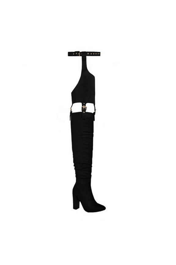Women's Fashion Over The Knee Belted Pointed Toe Long Boots Sexy Buckle Strap Side Zipper Block Heels Thigh High Boots