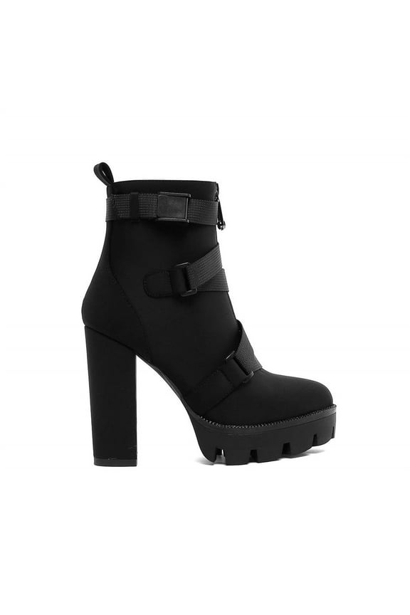Women's Fashion Platform Block High Heel Booties Buckle Strap Zipper Lycra Ankle Boots