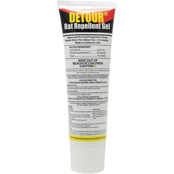 DETOUR Rat Repellent Gel | Professional Grade Rat Mice Repellent | 8 oz Squeeze Tube | NSF-Approved for Food Preparation Areas | Protects Car Engine Wires & Outdoor Grills from Rodents | Toxin-Free