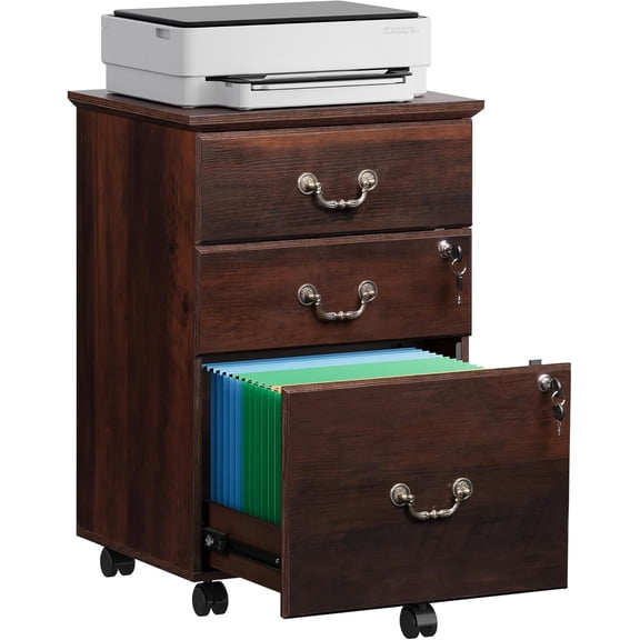 DEVAISE 3 Drawer File Cabinet with Lock, Mobile Wood Filing Cabinet for Under Desk Storage, Rolling Printer Stand for Office Storage, Brown Oak