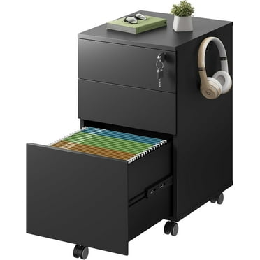 DEVAISE 3 Drawer File Cabinet with Lock, Small Rolling Filing Cabinet Under Desk, Wood Office Drawers Fits Letter/Legal/A4 Size Folders, Black
