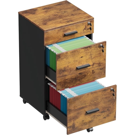 DEVAISE 3 Drawer File Cabinet with Lock & Wheels, Wood Printer Stand, Mobile Filing cabinets for Home Office, Fits Letter/A4 Size, Rustic Brown