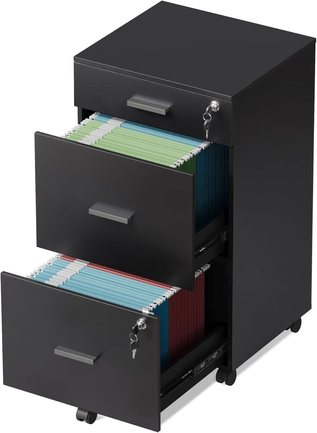 DEVAISE 3 Drawer Rolling File Cabinet with Lock, Wood Filing Cabinet fits Letter / A4 Size for Home Office, Black