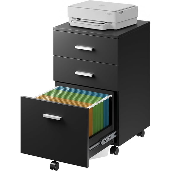 DEVAISE 3 Drawer Wood Mobile File Cabinet, Rolling Filing Cabinet for Letter/A4 Size, Printer Stand for Home Office, Black