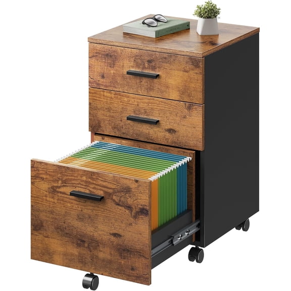 DEVAISE 3 Drawer Wood Mobile File Cabinet, Rolling Filing Cabinet for Letter/A4 Size, Rustic Brown