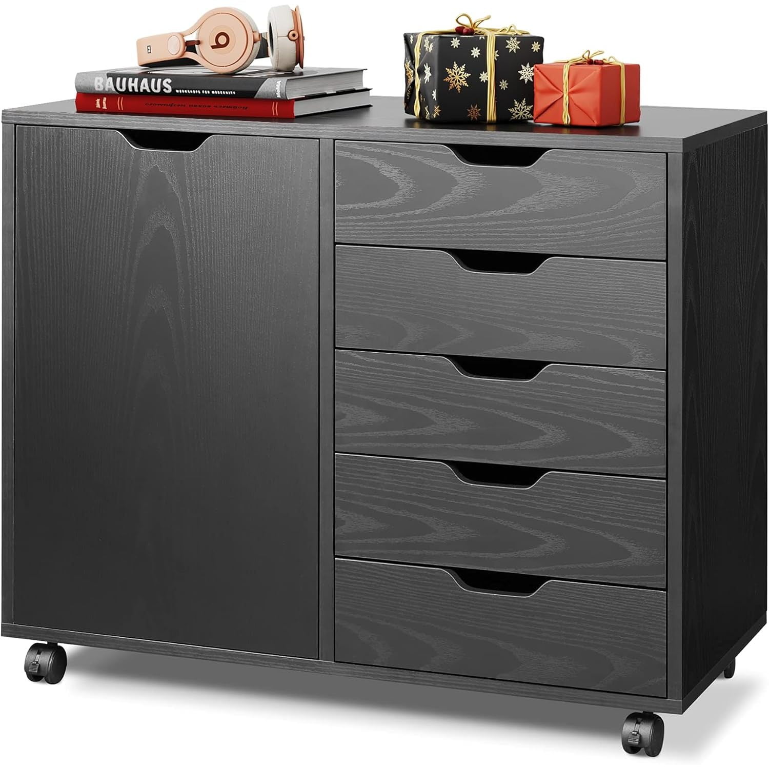 DEVAISE 5-Drawer Wood Dresser Chest with Door, Mobile Storage Cabinet ...