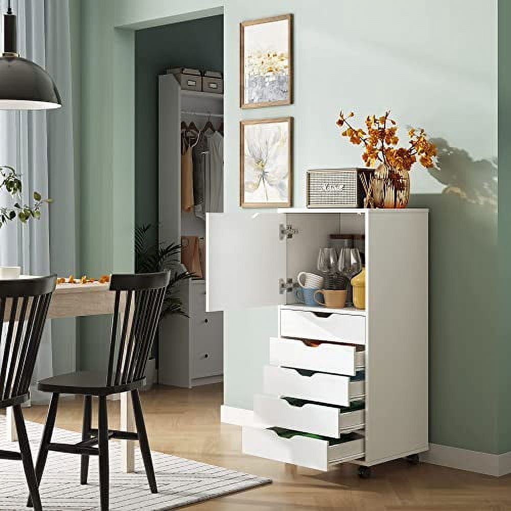 DEVAISE 5-Drawer Wood Dresser with Top Cabinet Storage, Mobile Chest of ...
