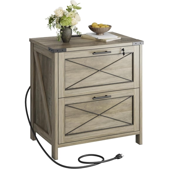 DEVAISE Lateral File Cabinet with Lock, 2 Drawers & Charging Station, Farmhouse Wood Printer Stand with Large Storage, Fits A4/Letter/Legal Hanging Files, Gray Oak