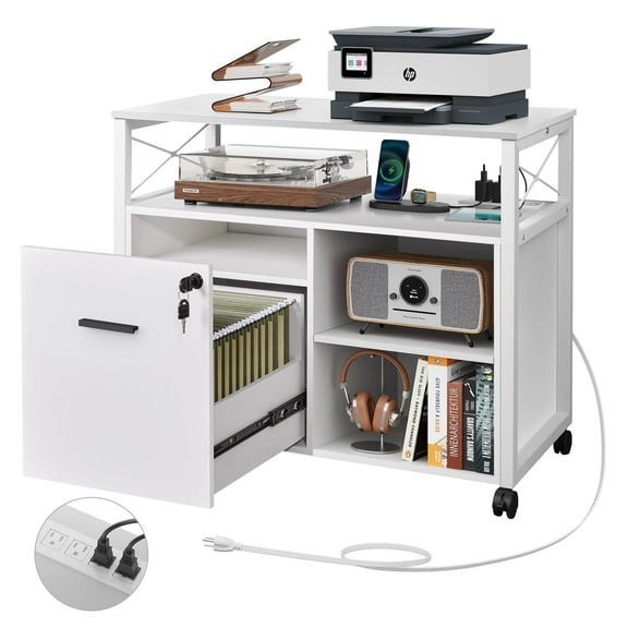 DEVAISE Lateral File Cabinet with Lock, Wooden Rolling Printer Stand with Adjustable Open Shelf for Home Office Storage, White