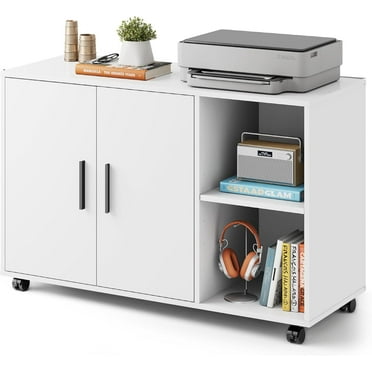DEVAISE Office Storage Cabinet with Doors and Shelves, Lateral Printer Stand for Office Supplies and File Storage, Filing Cabinet for Home Office, White