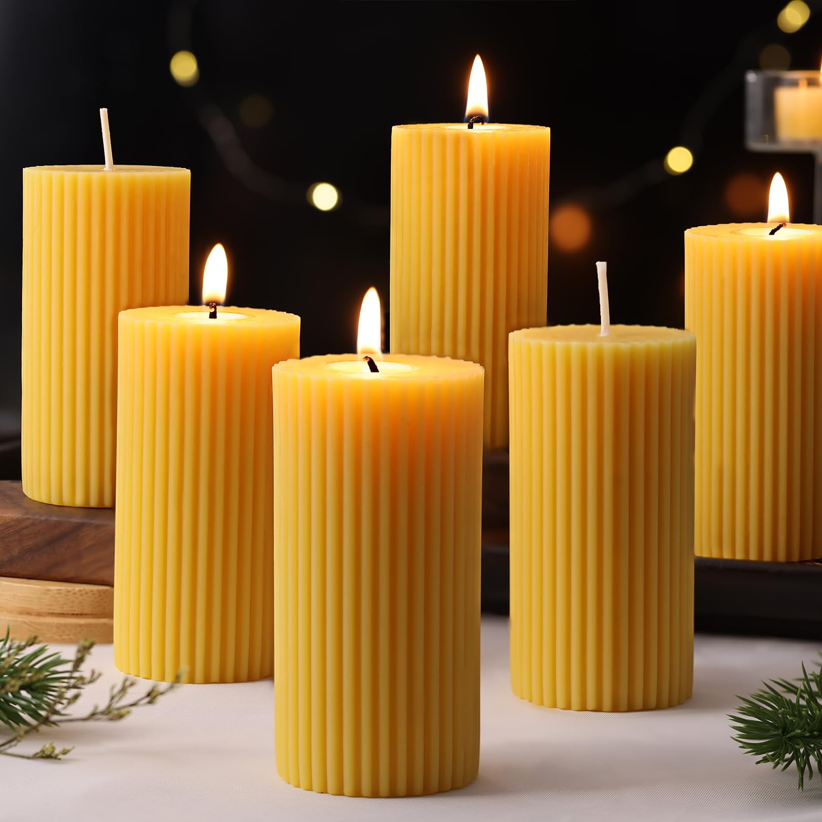 DEVI 6 Pack Pure Beeswax Pillar Candles Bulk-210 Hours, Organic Bees ...