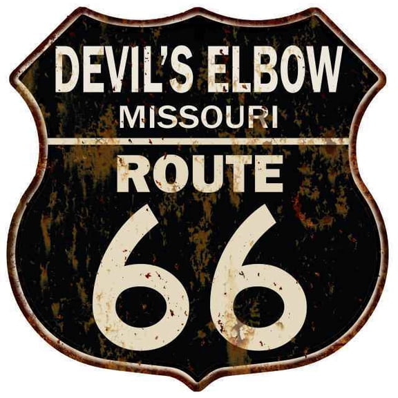 DEVIL’S ELBOW, MISSOURI Route 66 Shield Metal Sign Man Cave Garage Size: 12"x 12"