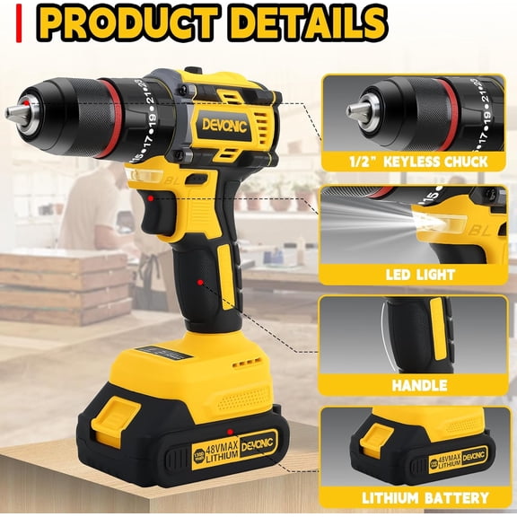 DEVONIC 21V Brushless Cordless Drill, 2 Battery and Fast Charger, 1/2 Inch Keyless Chuck Torque 450 In-lb, 2 Variable Speed 23+3 with Impact
