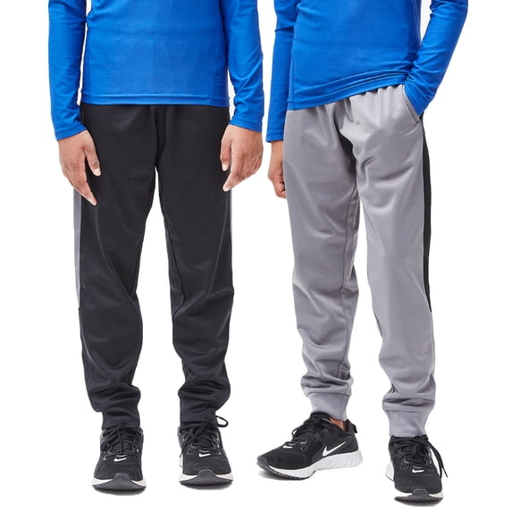 DEVOPS 2 Pack Boys Active Performance Workout Athletic Training Pants Jogger Sweatpants Gymwear (Large, Black/Grey)