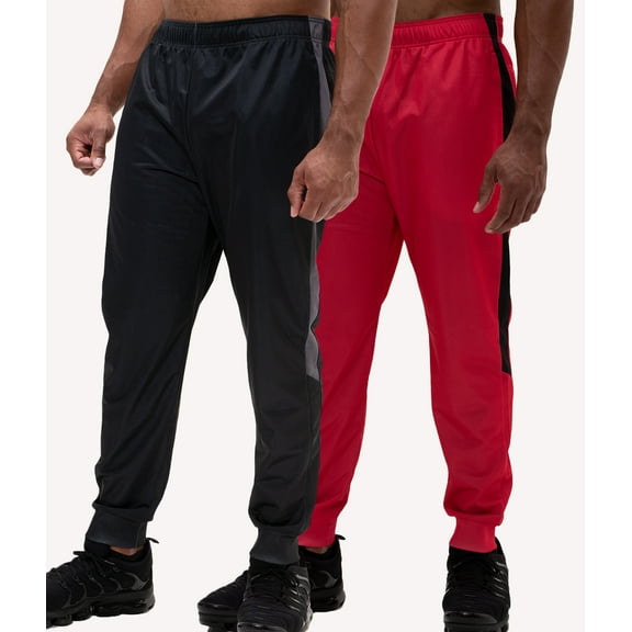 DEVOPS 2 Pack Men's Active Performance Workout Athletic Training Jogger Sweatpants Gymwear (Medium, Black/Red)