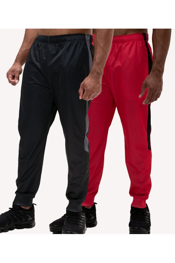 2 Pack Men's Active Performance Workout Athletic Training Jogger Sweatpants Gymwear (X-Large, Black/Red)