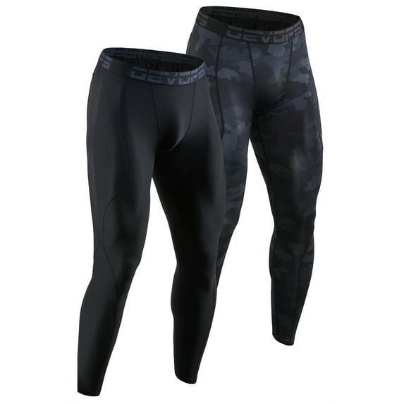 DEVOPS 2 Pack Men's Compression Pants Athletic Leggings (Small, Black/Camo Black)
