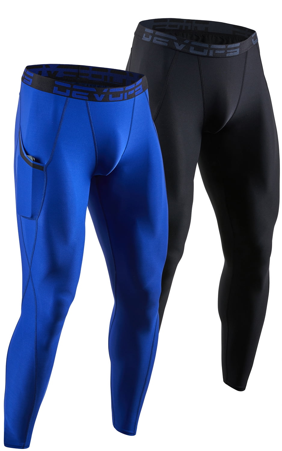 DEVOPS 2 Pack Men's Compression Pants Athletic Leggings With Pocket  (2X-Large, Black/Blue) 