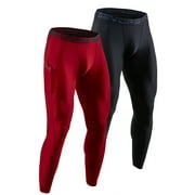 DEVOPS 2 Pack Men's Compression Pants Athletic Leggings With Pocket (2X-Large, Black/Red)