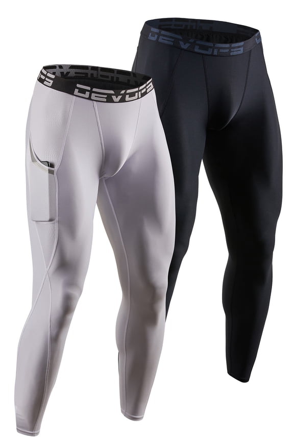 2 Pack Men's Compression Pants Athletic Leggings With Pocket (2X-Large, Black/White)