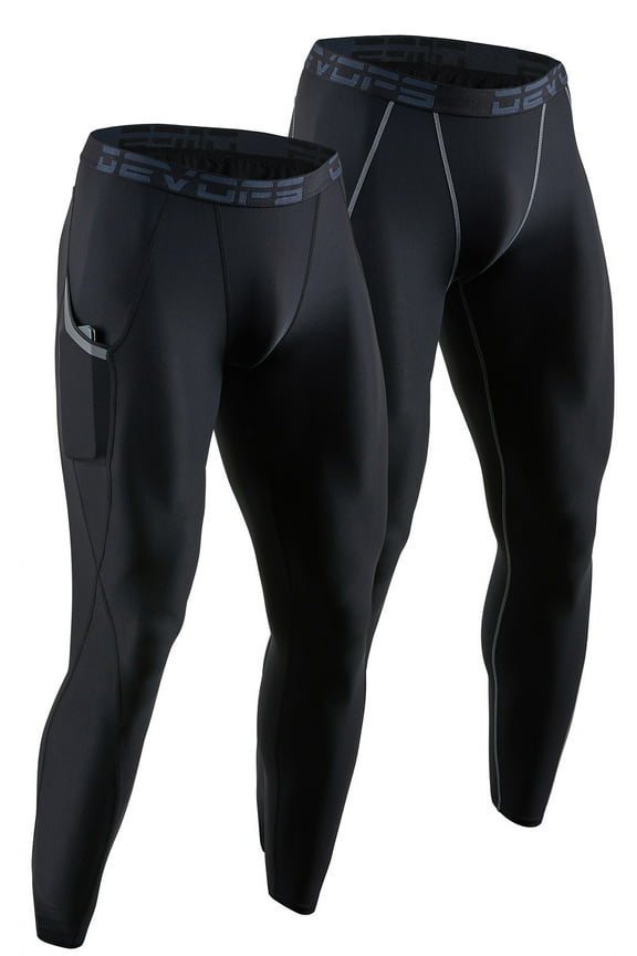 2 Pack Men's Compression Pants Athletic Leggings With Pocket (Large, Black/Black)