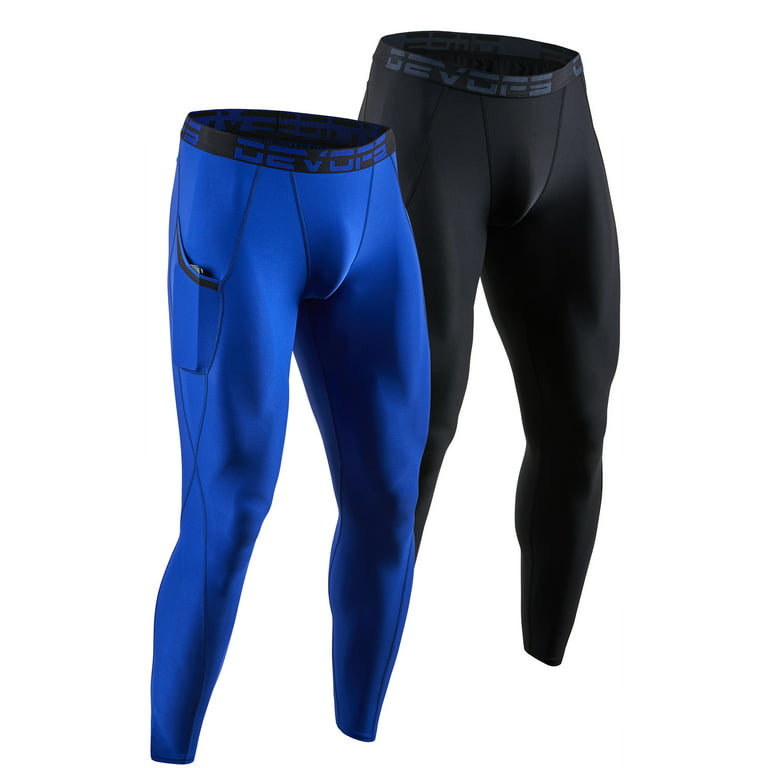 DEVOPS 2 Pack Men's Compression Pants Athletic Leggings With Pocket  (Medium, Black/Blue)