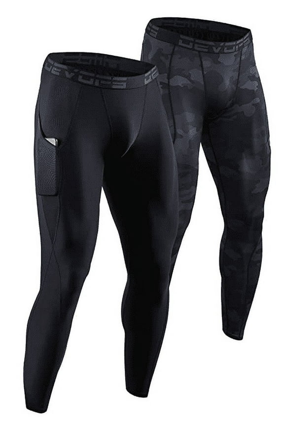 2 Pack Men's Compression Pants Athletic Leggings With Pocket (Medium, Black/Camo Black)