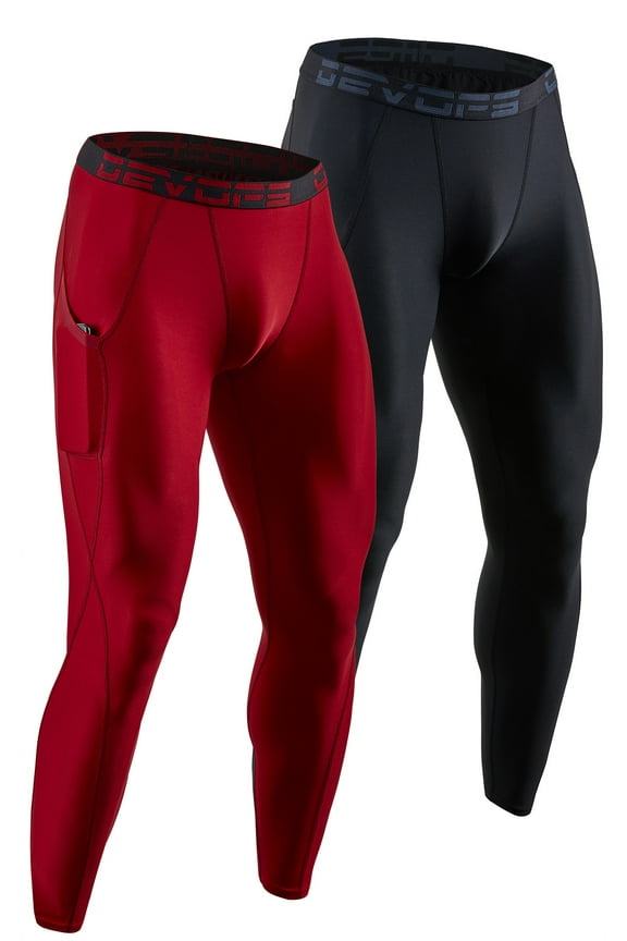 2 Pack Men's Compression Pants Athletic Leggings With Pocket (X-Large, Black/Red)