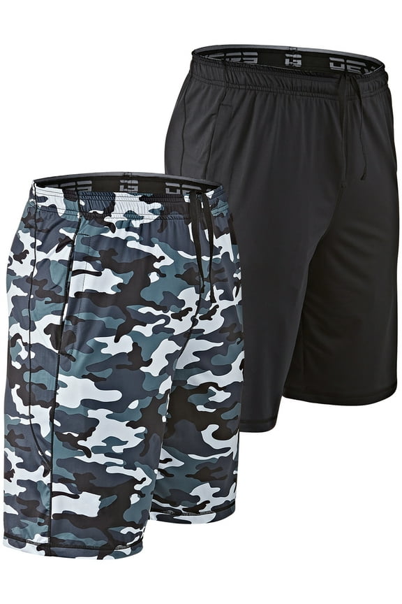 2 Pack Men's Loose-Fit 10" Workout Gym Shorts with Pockets (X-Large, Black/Camo Gray)