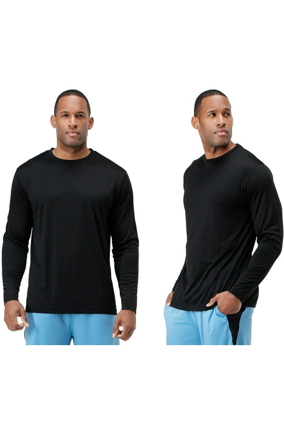 2 Pack Men's UPF 50+ Sun Protection Long Sleeve dry Fit Fishing Hiking Running Workout T-Shirts (Large, Black)