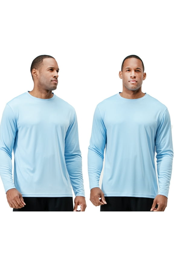 2 Pack Men's UPF 50+ Sun Protection Long Sleeve dry Fit Fishing Hiking Running Workout T-Shirts (Small, Light Blue)