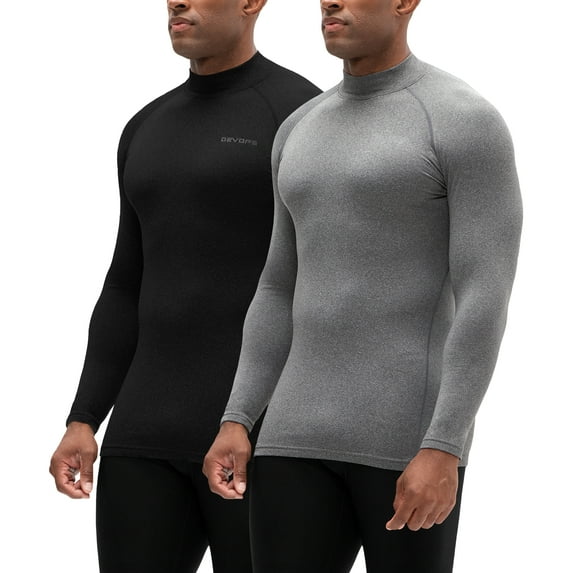 DEVOPS 2 Pack Men's thermal turtle neck long sleeve compression shirts (Small, Black/Heather Charcoal)