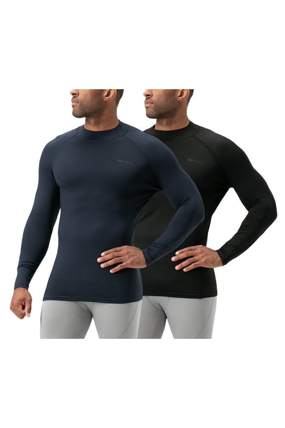 2 Pack Men's thermal turtle neck long sleeve compression shirts (X-Large, Black/Navy)