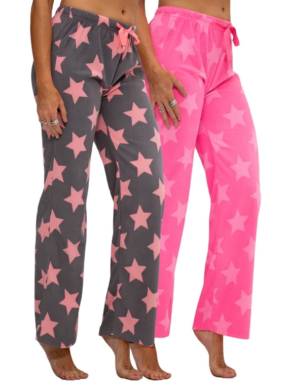 2 Pack Women's Buffalo Plaid Plush Fleece Pajama Pants Sleepwear (Large, Navy star/Pink Star)