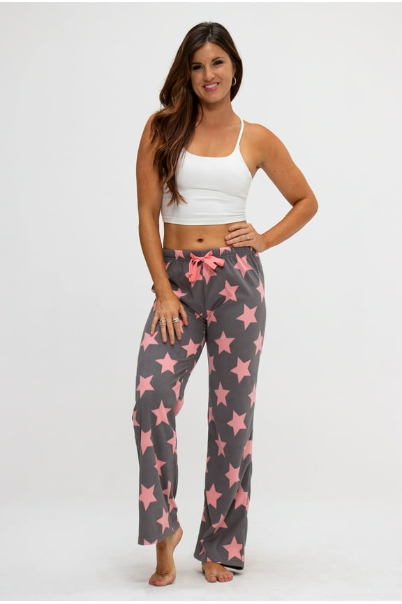 2 Pack Women's Buffalo Plaid Plush Fleece Pajama Pants Sleepwear (Medium, Navy star/Pink Star)