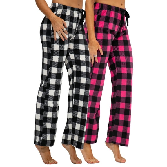 DEVOPS 2 Pack Women's Buffalo Plaid Plush Fleece Pajama Pants Sleepwear (X-Large, White/Fuchsia Black)