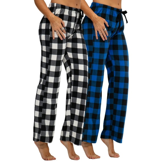 DEVOPS 2 Pack Women's Buffalo Plaid Plush Fleece Pajama Pants Sleepwear (X-Small, White/Royal Black)
