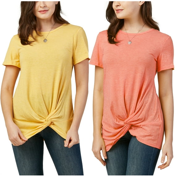 DEVOPS 2 Pack Women's Casual Shirts Short Sleeve Tops Daily Tunics (X-Small, Coral/Yellow)