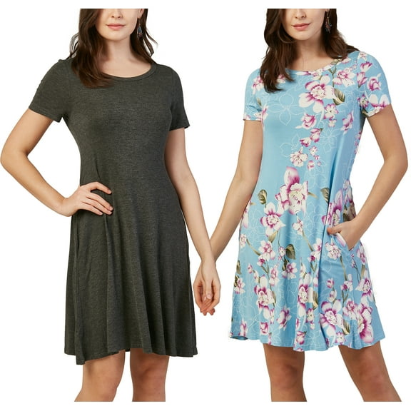 DEVOPS 2 Pack Women's Casual T-Shirt Short Sleeve Daily Mini Swing Dress With Pocket (Small, Dk.gray/Flower Light Blue)