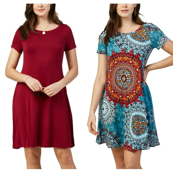 DEVOPS 2 Pack Women's Casual T-Shirt Short Sleeve Daily Mini Swing Dress With Pocket (Small, Wine Red/Flower Mix Blue)