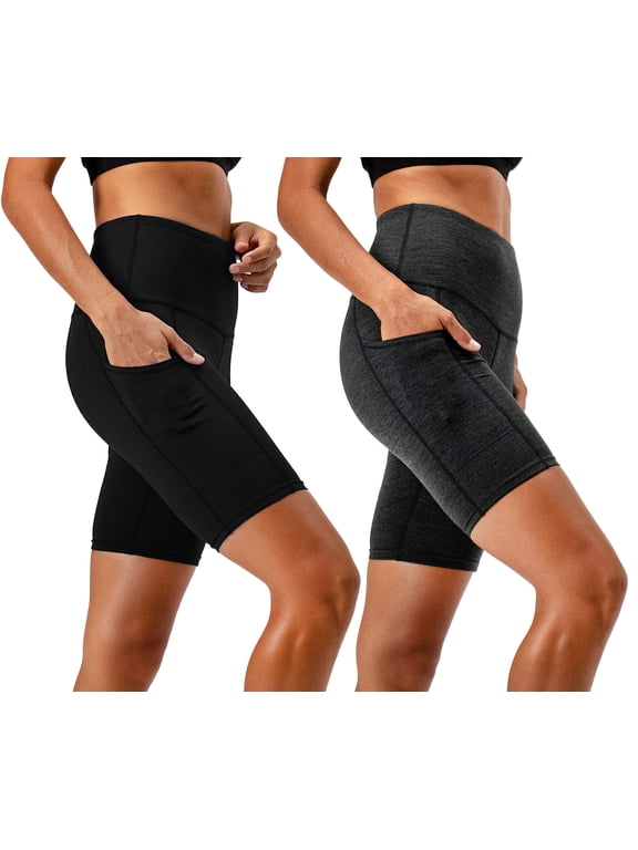2 Pack Women's High Waist Workout Yoga Running Exercise Shorts with Side Pockets (Large, Black/Heather Charcoal)