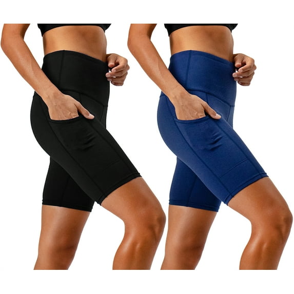 DEVOPS 2 Pack Women's High Waist Workout Yoga Running Exercise Shorts with Side Pockets (Large, Black/Navy)