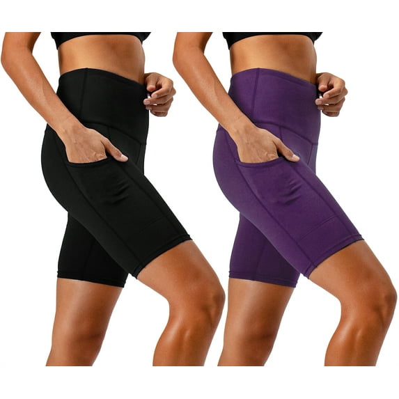 DEVOPS 2 Pack Women's High Waist Workout Yoga Running Exercise Shorts with Side Pockets (Medium, Black/Dark Violet)