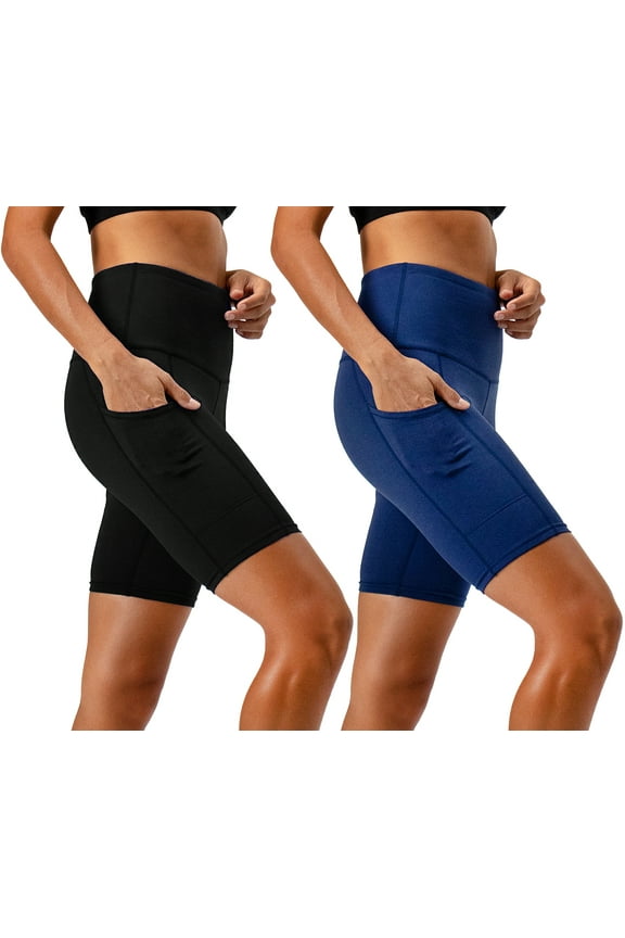 2 Pack Women's High Waist Workout Yoga Running Exercise Shorts with Side Pockets (Small, Black/Navy)