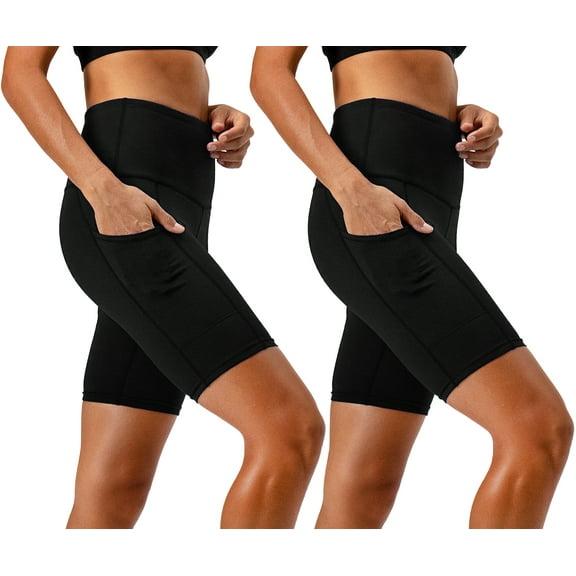 DEVOPS 2 Pack Women's High Waist Workout Yoga Running Exercise Shorts with Side Pockets (X-Large, Black/Black)