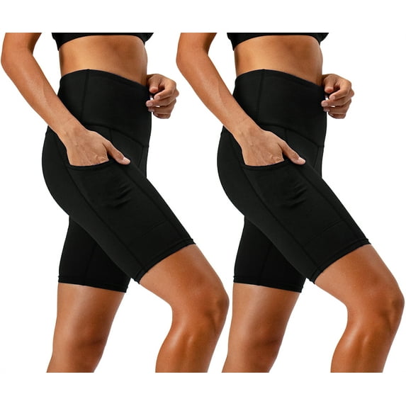 DEVOPS 2 Pack Women's High Waist Workout Yoga Running Exercise Shorts with Side Pockets (X-Large, Black/Black)